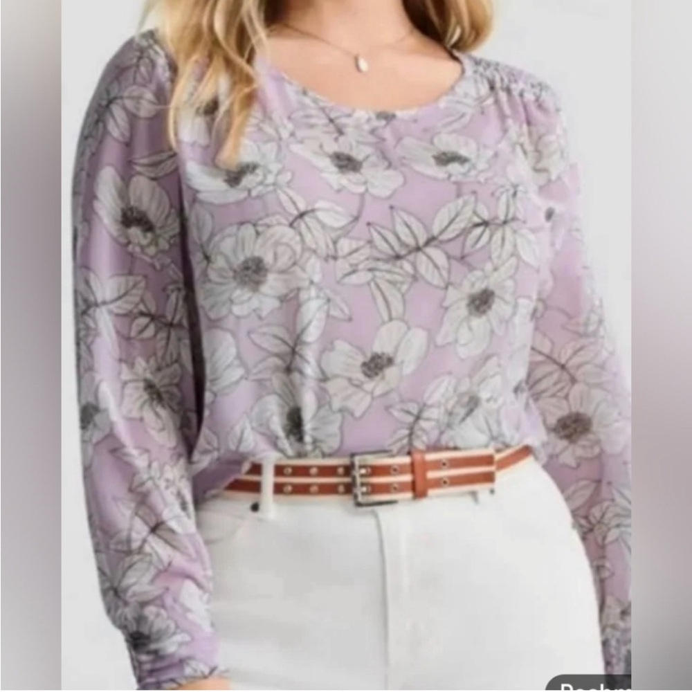 NWT Cabi 6298 Lavender White Black Floral Poppy Blouse Size L